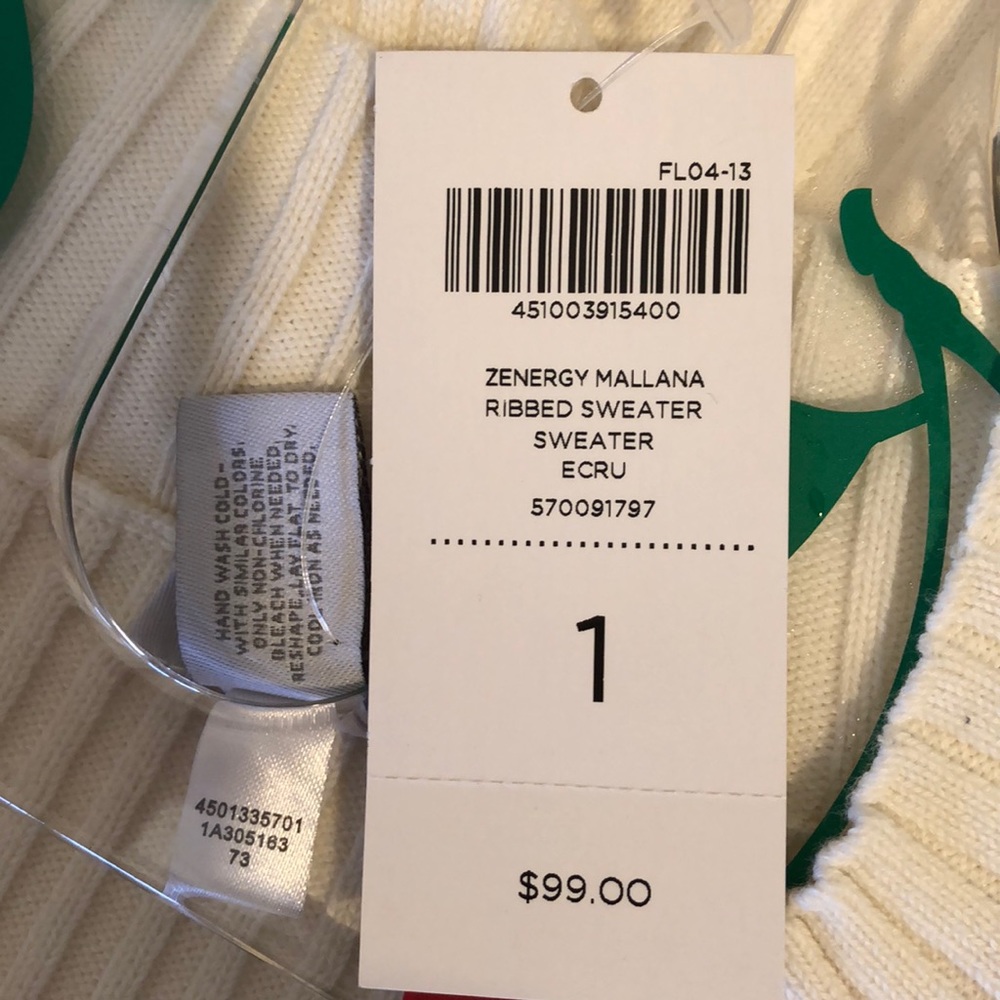 Zenergy NWT Ribbed Zip Sweater Ecru sz 1 (SMALL) - Picture 5 of 6